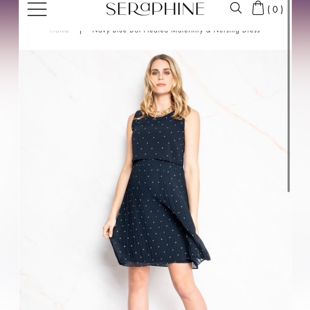 Seraphine Navy Blue Dot Pleated Maternity & Nursing Dress
